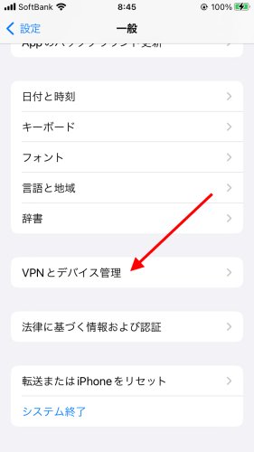 iPhoneの設定から「一般」→「VPNとデバイス管理」をタップ