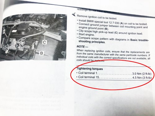 ベントレーのE46マニュアルに記載されているイグニッションコイルの締め付けトルク