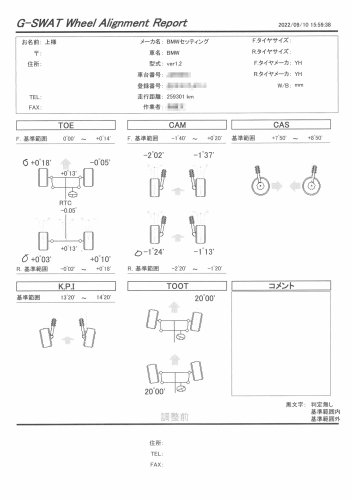 リアメンバーのマウントブッシュを交換後のアライメント状態